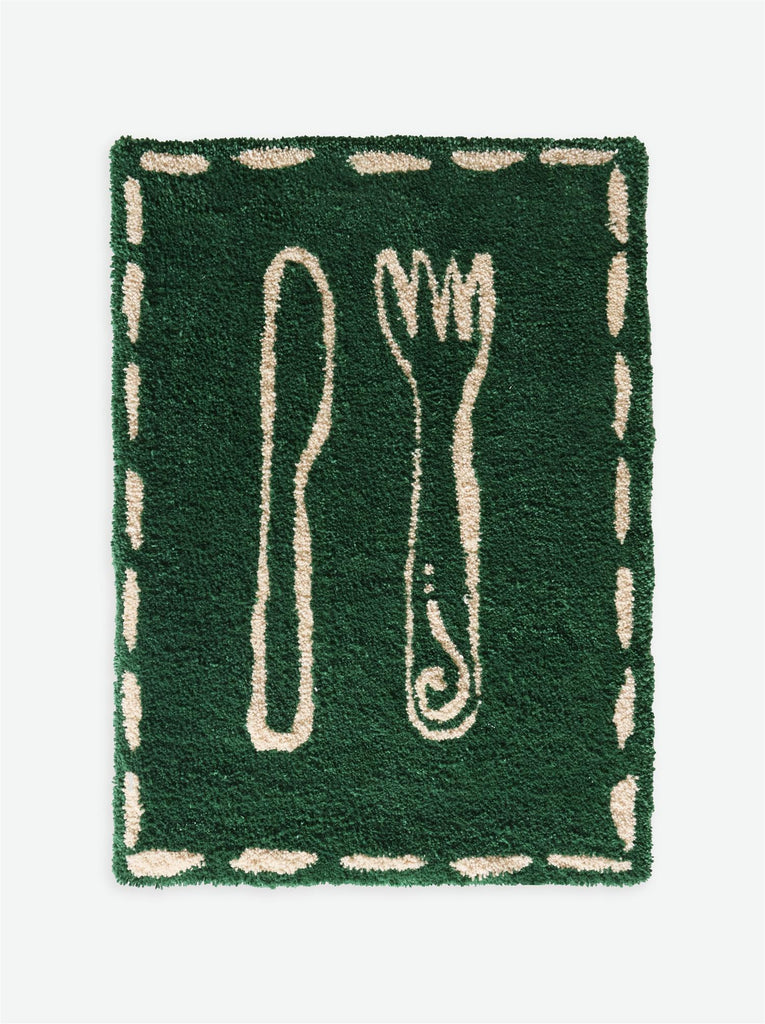 Babas Knife and Fork Rug - Green/Off White